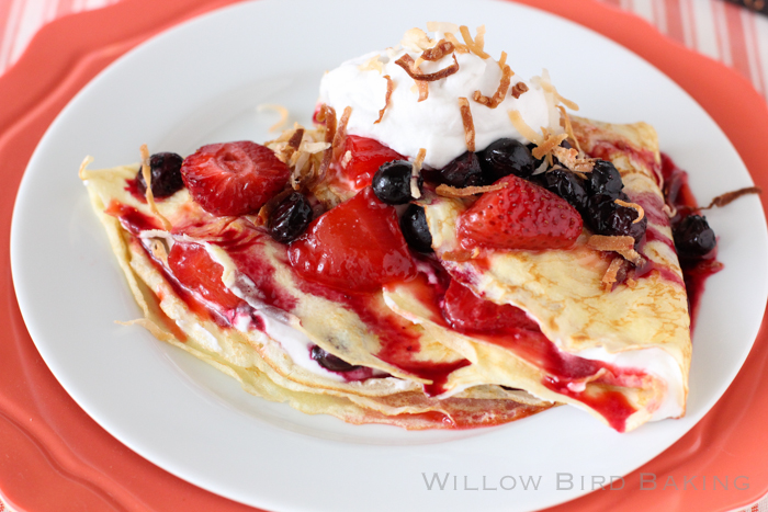 Crêpes with Roasted Berries and Coconut Whipped Cream