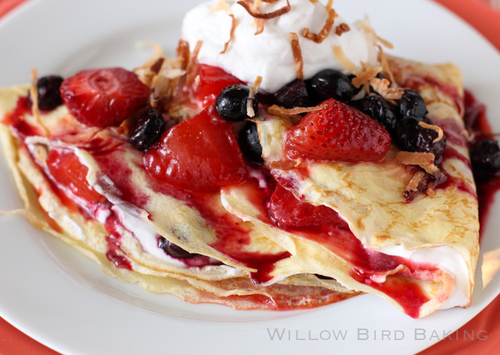 Crêpes with Roasted Berries and Coconut Whipped Cream