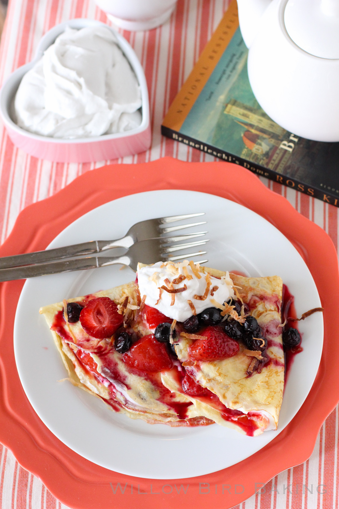 Crêpes with Roasted Berries and Coconut Whipped Cream