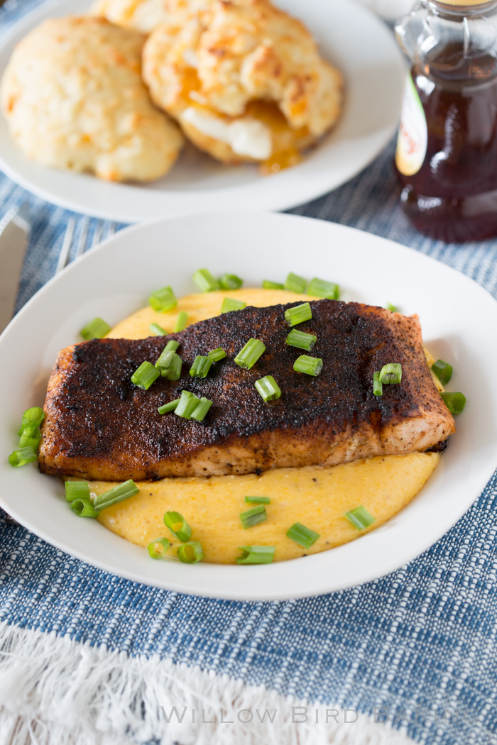 Chile Rubbed Salmon over Cheddar Grits