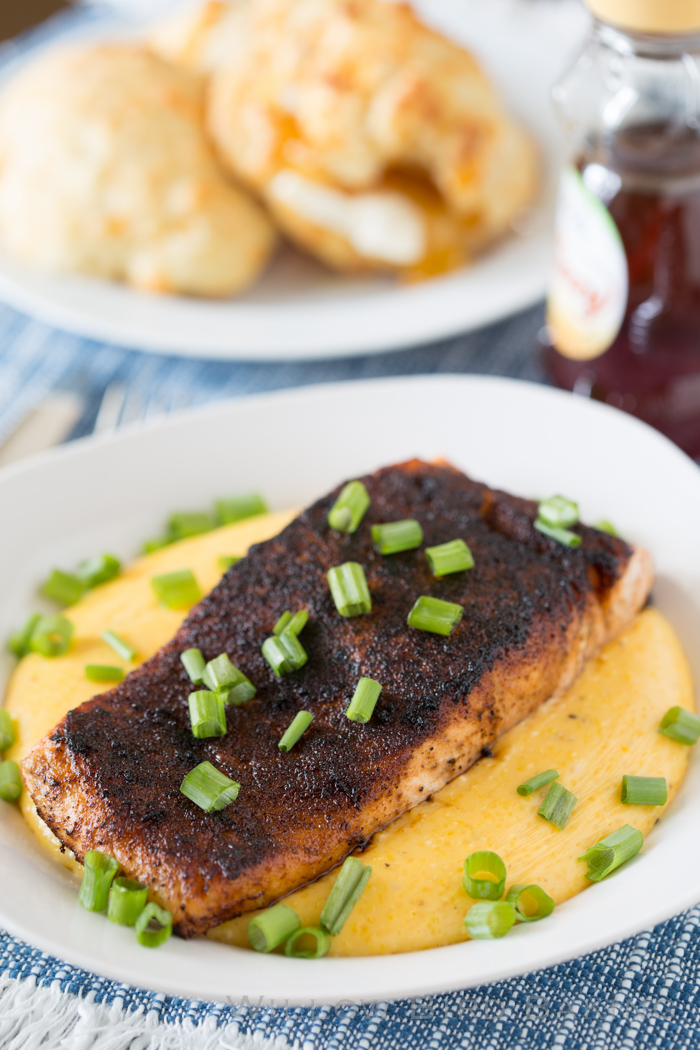 Chile Rubbed Salmon over Cheddar Grits