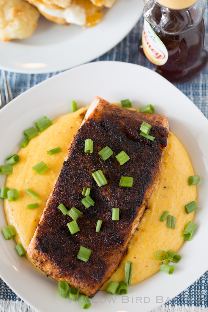 Chile Rubbed Salmon over Cheddar Grits