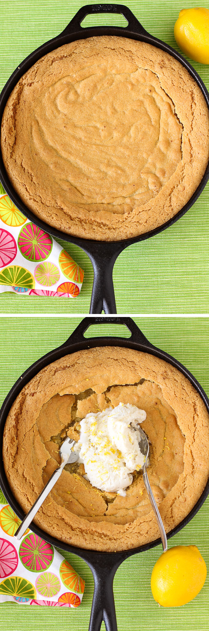 Giant Skillet Lemon Sugar Cookie: so buttery, lemony, and delicious! Take it out of the oven while it's still soft in the center for that gooey, amazing, underdone cookie texture. And don't forget to serve it with a big pile of ice cream!