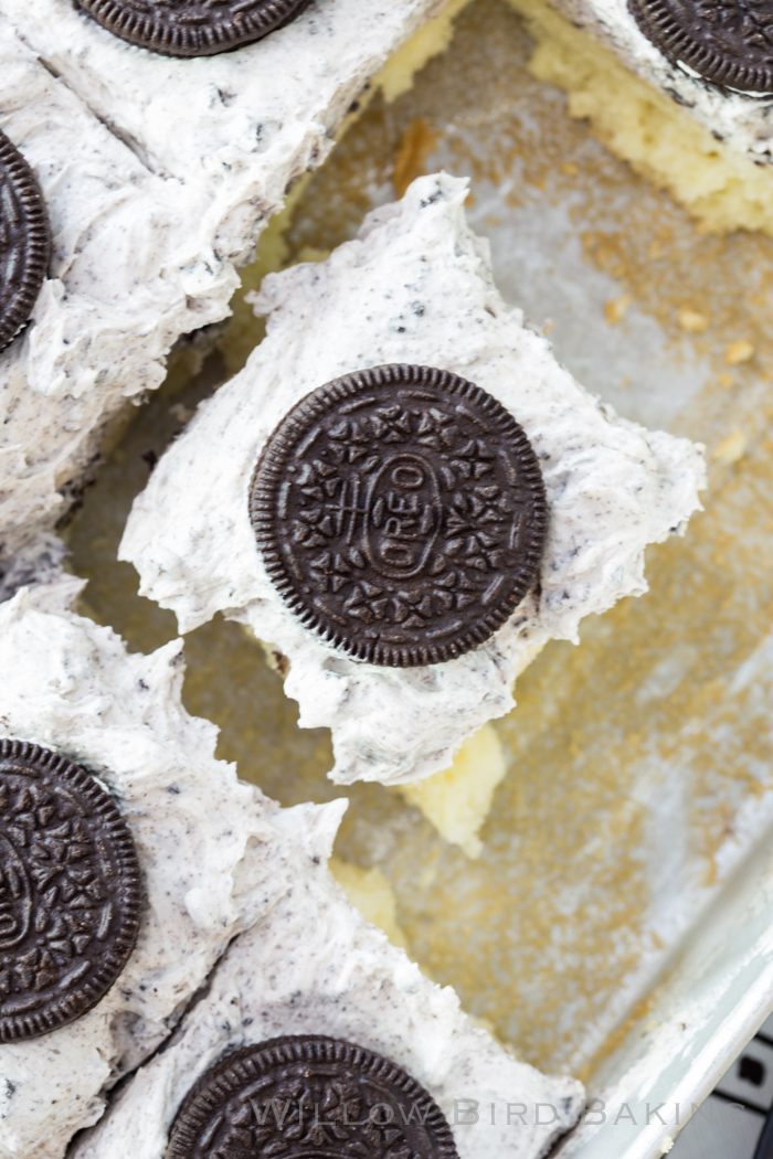 Sheet Cake with the BEST Cookies and Cream Whipped Icing Recipe