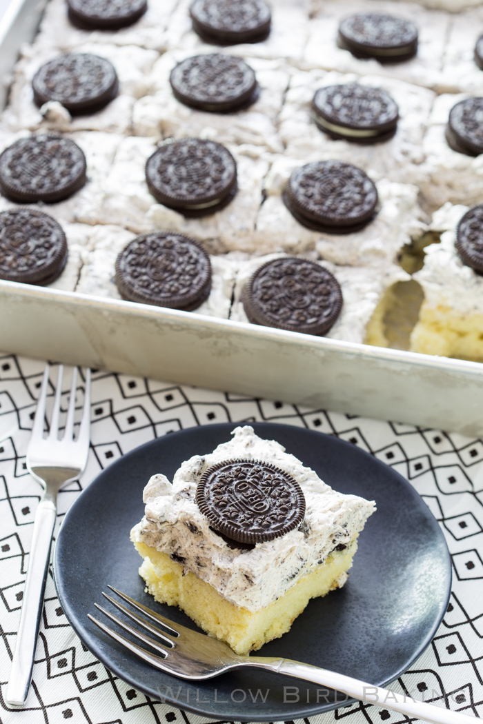 Sheet Cake with the BEST Cookies and Cream Whipped Icing Recipe