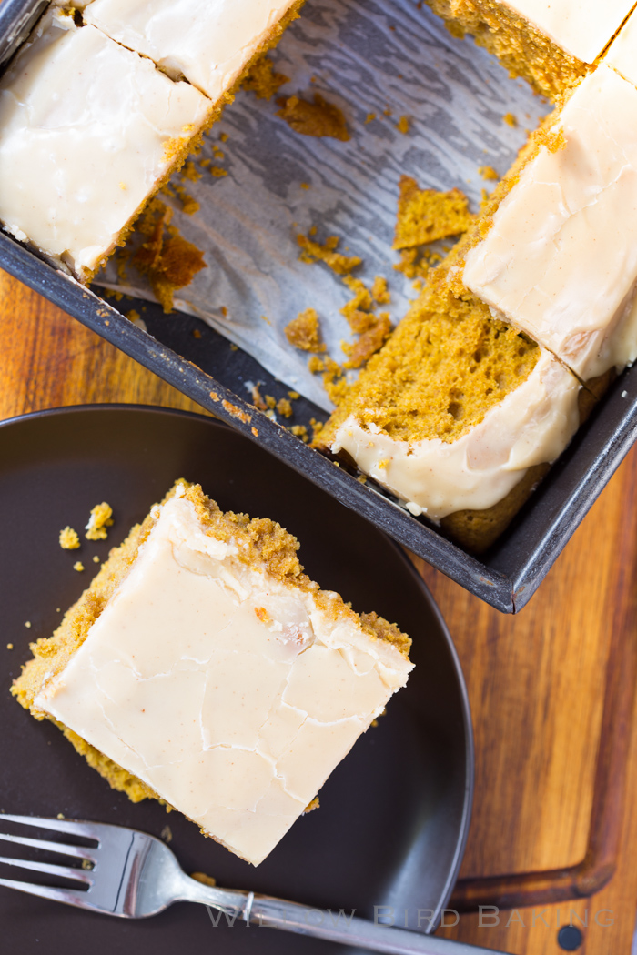 Brown Butter Pumpkin Snack Cake with Crackle Icing