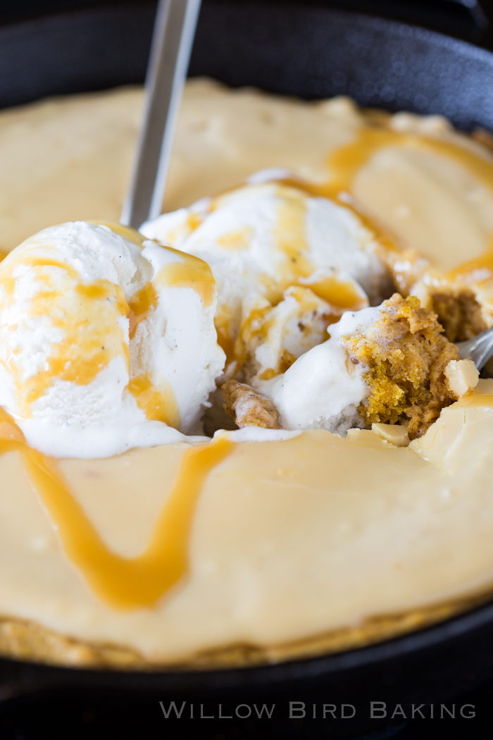 Pumpkin Skillet Cake with Caramel Crackle Icing