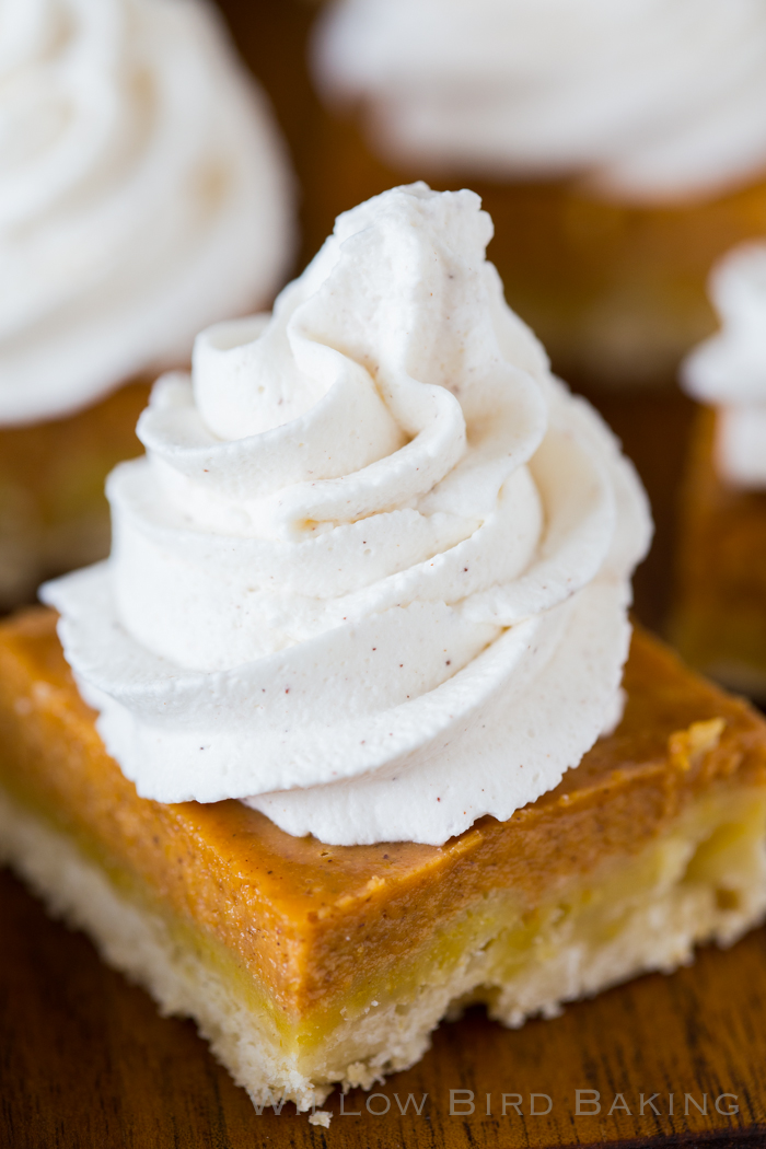 Pumpkin Pie Shortbread Bars with Maple Cinnamon Whipped Cream