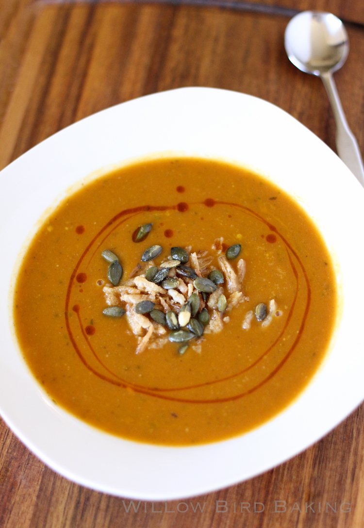 Spicy Pumpkin Soup with Croutons and Crispy Fried Onions