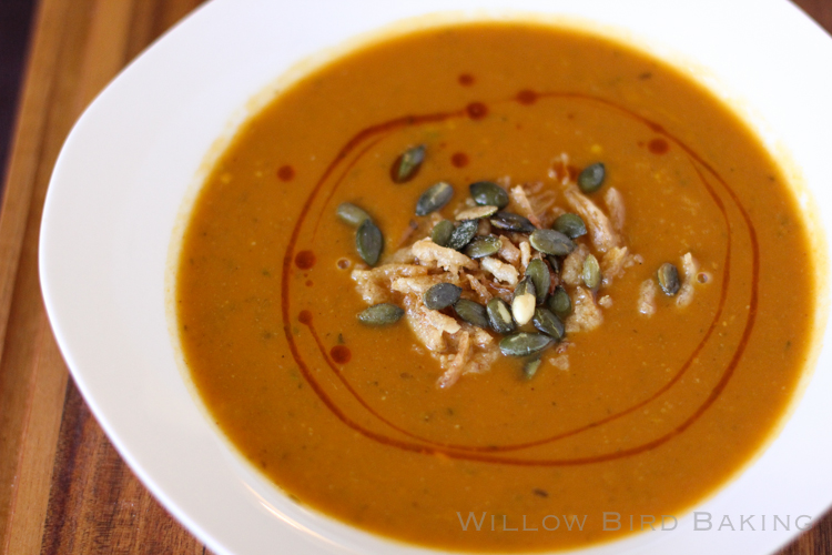 Spicy Pumpkin Soup with Croutons and Crispy Fried Onions