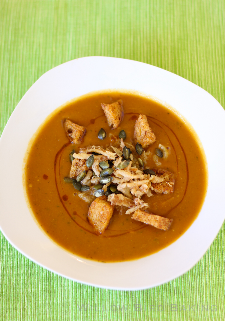 Spicy Pumpkin Soup with Croutons and Crispy Fried Onions