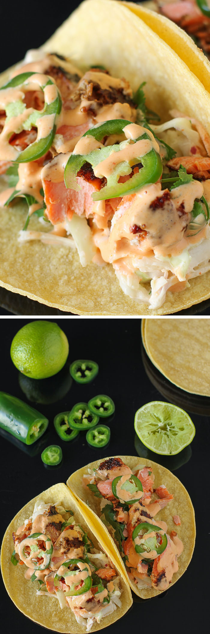 Salmon Tacos with Cilantro-Lime Slaw: a delicious, quick, and simple (low-carb!) weeknight dinner recipe.