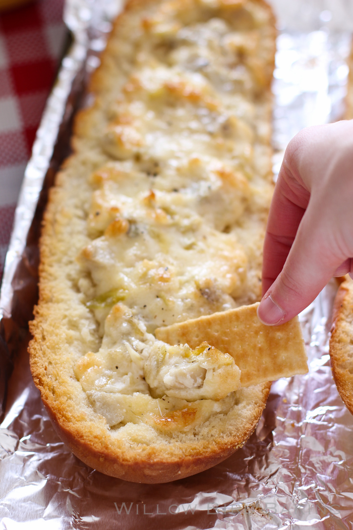 Easy Cheesy Artichoke Dip in a Baguette